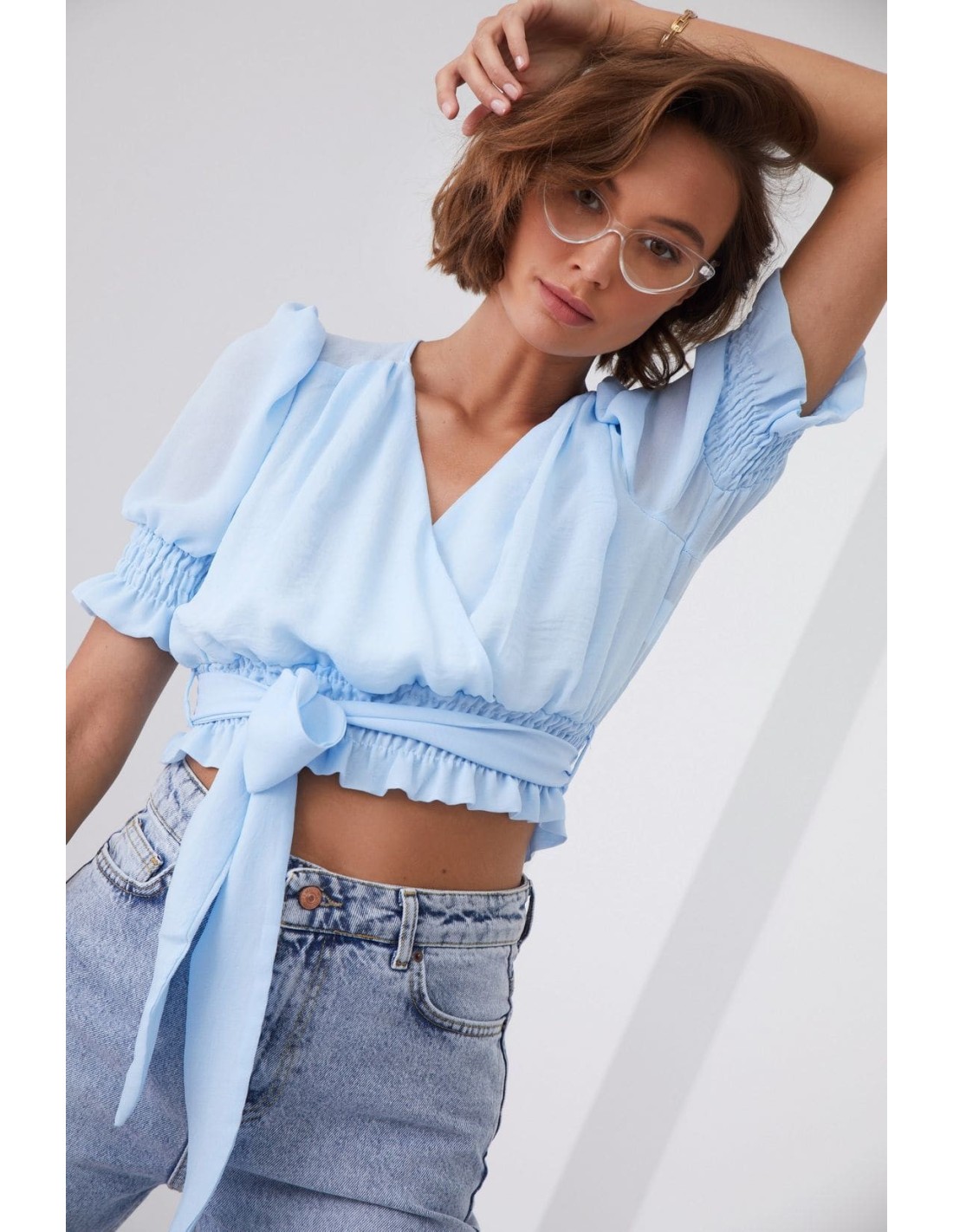 Short blouse with a belt, blue 20580 - Online store - Boutique